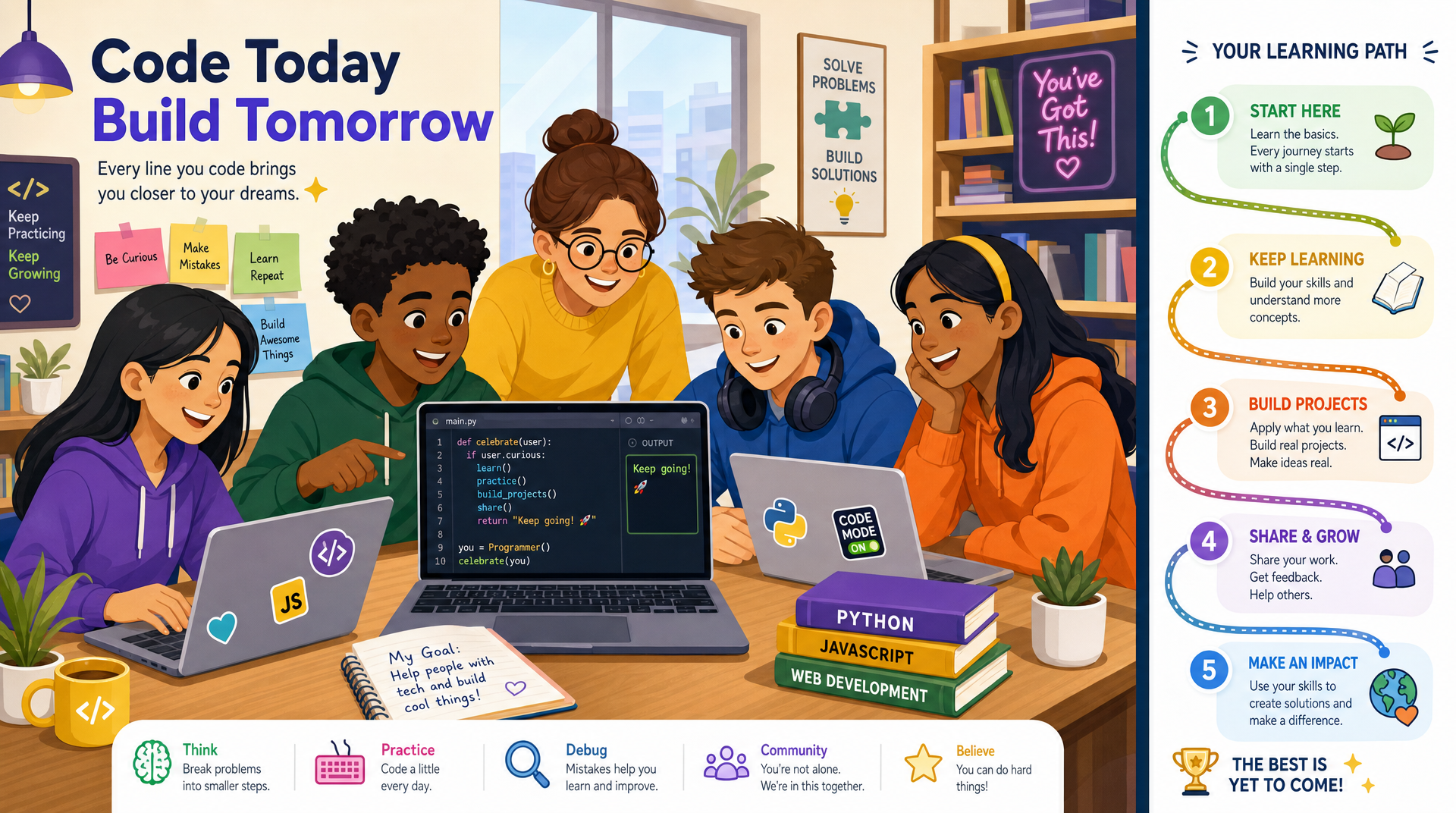 Students learning to code on laptops, guided by a colorful illustrated learning path